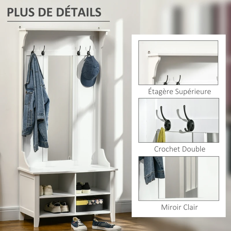 HOMCOM Porte-Manteau vestiaire d'entrée avec Banc à Chaussures et Miroir dim. 80L x 40l x 170H cm 4 étagères 4 patères Double Crochet bois Blanc
