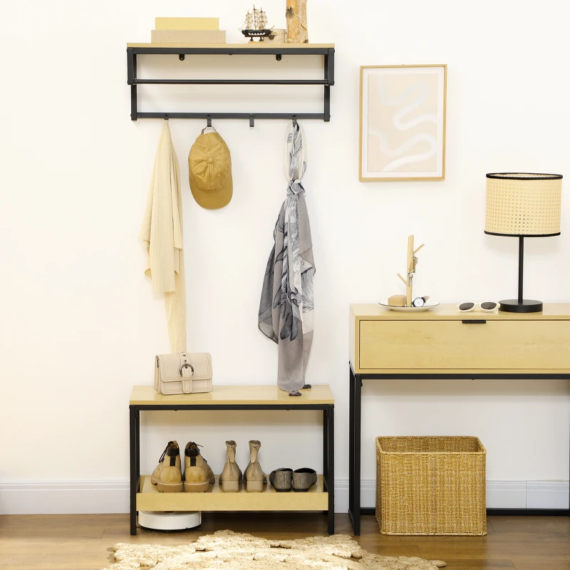 HOMCOM Recibidor Moderno con Perchero de Pared y Banco Zapatero Muebles de Entrada con 4 Ganchos 1 Barra y 1 Estante Roble