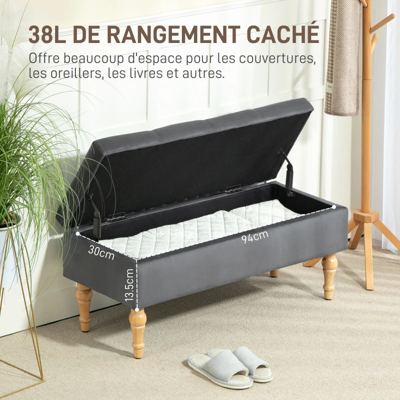 HOMCOM Banc coffre de rangement 2 en 1 banquette en velours avec couvercle à charnière capitonné et pieds en bois, gris foncé