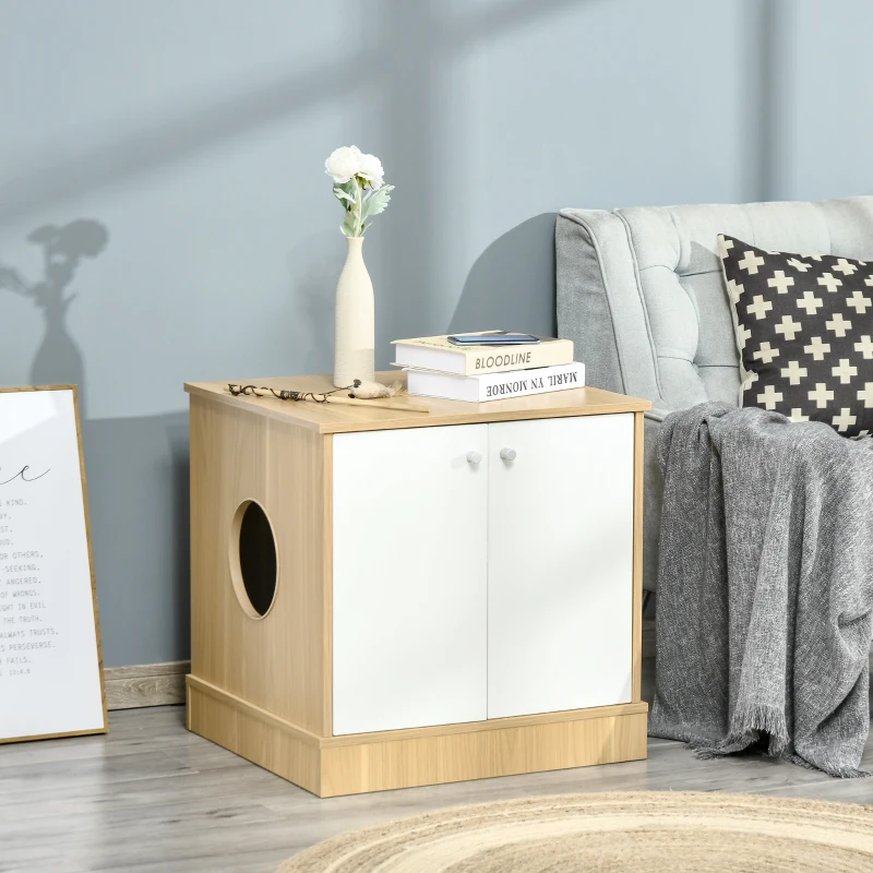 PawHut Mobile Lettiera per Gatti con 2 Ante e Ripiano Interno Estraibile, 60x55x62.5cm - Bianco e Legno