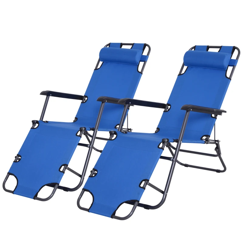 Outsunny 2 in 1 Folding Sun Lounger Reclining Garden Chair Set of 2 with 2-Level Adjustable Backrest, Outdoor Zero Gravity Recliner Garden Chairs with Head Pillow and Armrests, Blue
