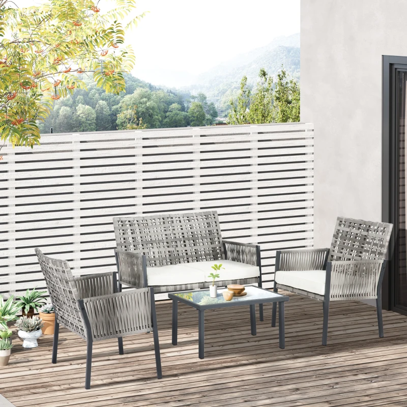 Outsunny Ensemble salon de jardin contemporain 4 pièces 4 personnes avec canapé 2 places, fauteuils et table basse plateau verre trempé métal