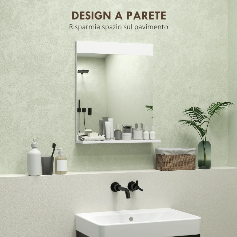 HOMCOM Specchio Bagno da Parete Moderno con Mensola Portaoggetti, in Vetro e MDF, 50x12x60 cm, Bianco