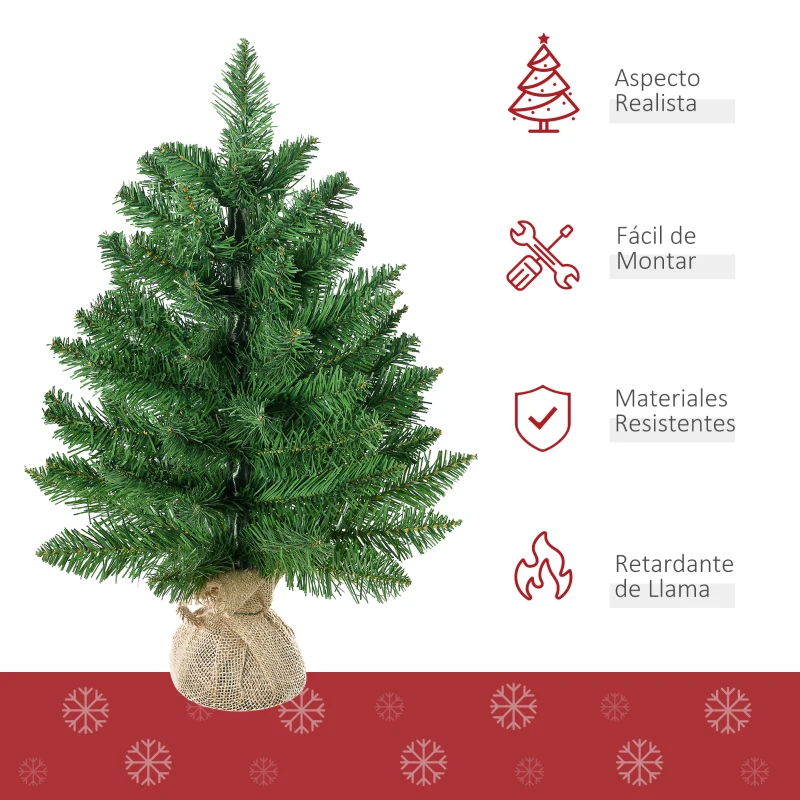 HOMCOM Árbol de Navidad Artificial Pequeño de 60 cm Altura con 70 Ramas Base de Tela Mini Árbol Navideño Realista para Interior Verde