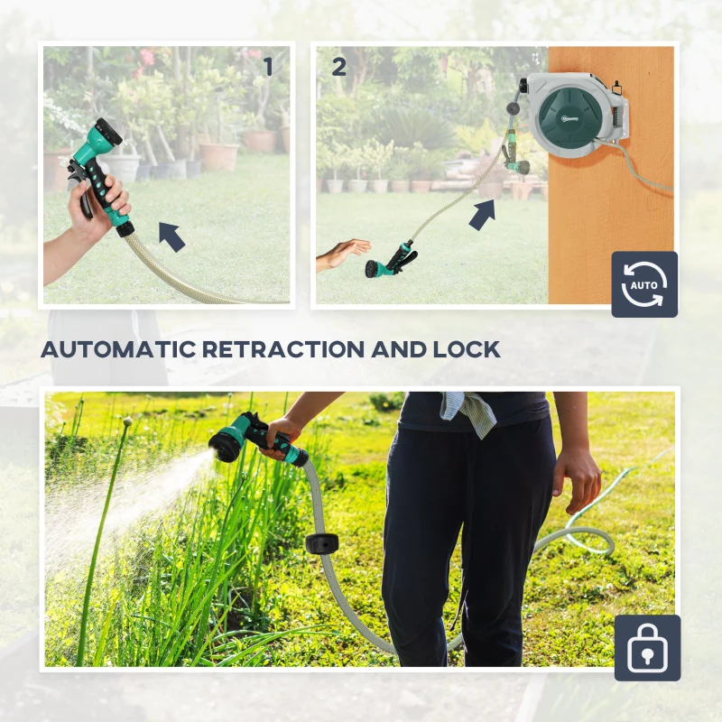 Outsunny Retractable Hose Reel Wall Mounted, 20+2m Garden Hose Pipe Reel with Lock, Auto Rewind, 7 in 1 Spray Nozzle, Includes Wall Fixings, 180° Swivel, Outdoor Watering, Light Grey