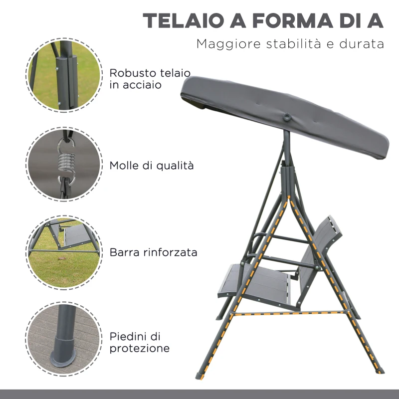 Outsunny Dondolo da Giardino a 3 Posti con Baldacchino, Dondolo da Esterno in Acciaio e Tessuto Poliestere, 175 x 118 x 159cm Grigio