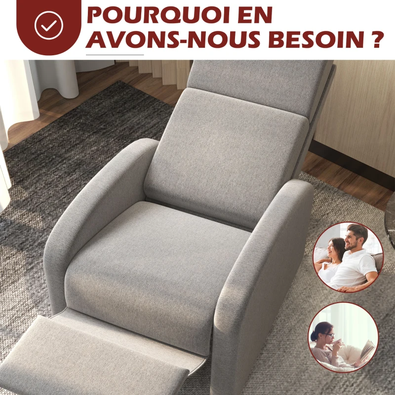 HOMCOM Fauteuil relax inclinable jusqu'à 160° manuellement avec repose-pieds intégré, charge max. 120kg, grand confort, gris
