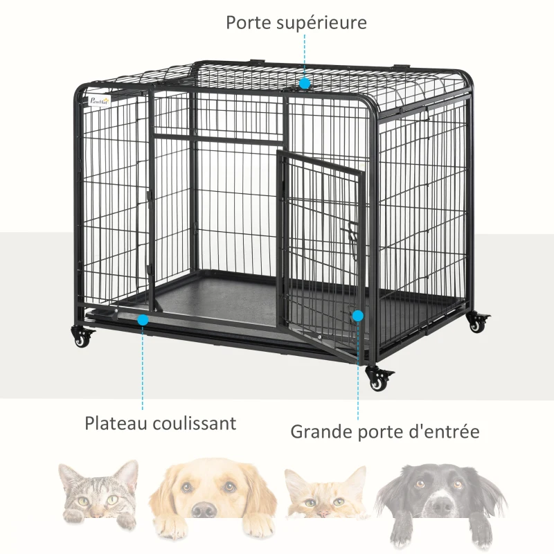 PawHut Cage pour chien pliable cage de transport sur roulettes 2 portes verrouillables plateau amovible dim. 109,5L x 71l x 78H cm métal gris foncé