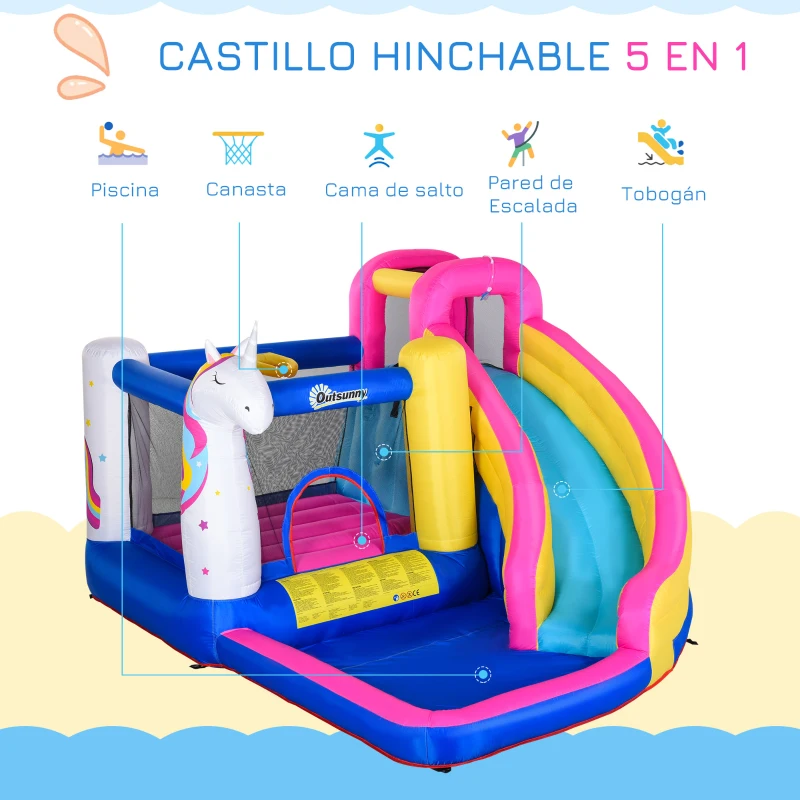 Outsunny Castillo Inflable Infantil en Forma de Unicornio con Tobogán Piscina Cama de Salto Inflador 360x305x210 cm Multicolor