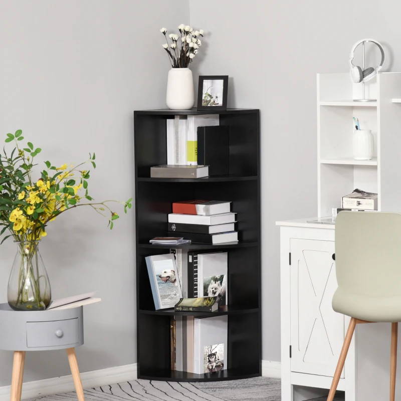 HOMCOM 4-Tier Corner Open Shelf Bookcase Freestanding Fan Bookshelf Plants Stand, 40x40x120cm, Black