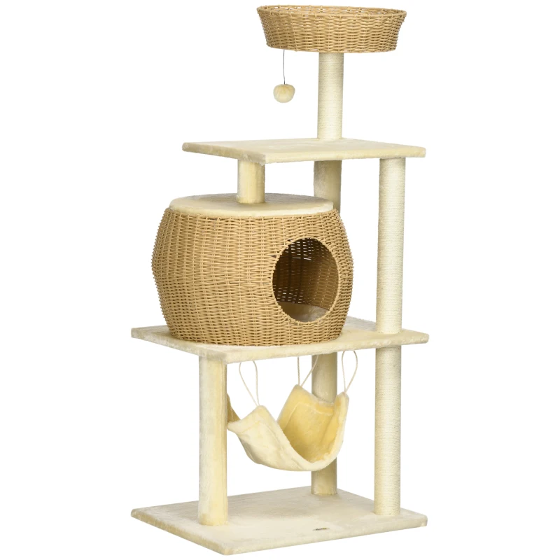 PawHut Arbre à chats sisal naturel grande niche plateforme jeu boule hamac peluche résine aspect rotin 60 x 49 x 130 cm beige