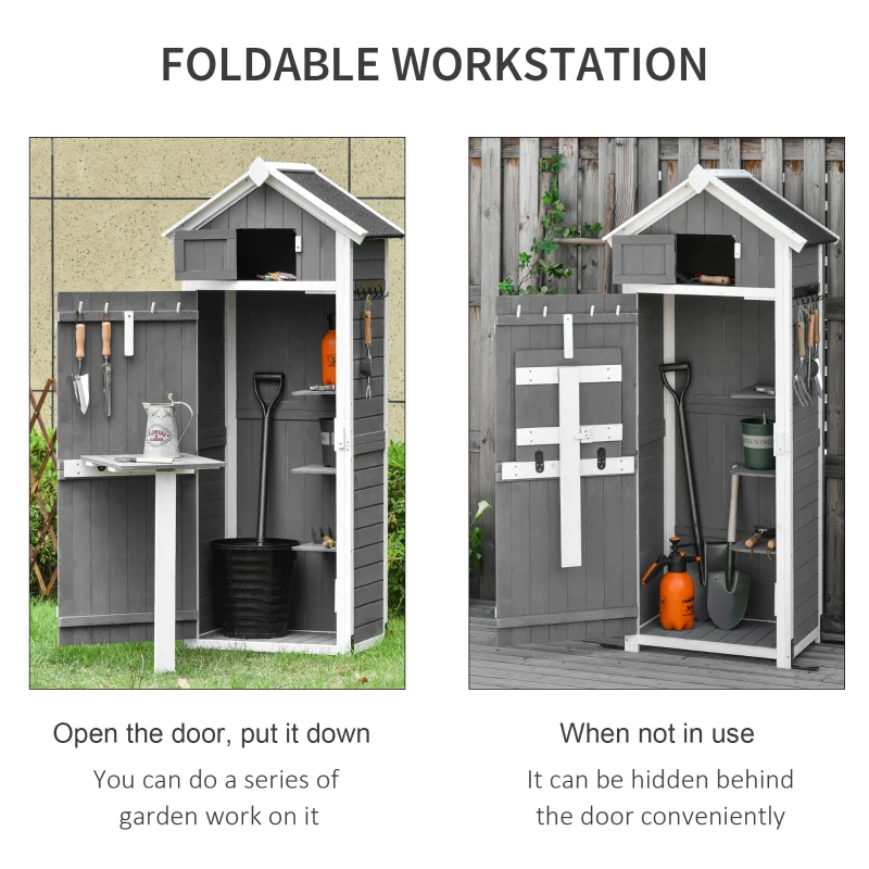 Outsunny Garden Wood Storage Shed with Workstation, Hooks and Ground Nails Multifunction  Lockable Sheds & Outdoor Storage Asphalt Roof Tool Organizer, 182 x 78 x 52.5cm, Grey