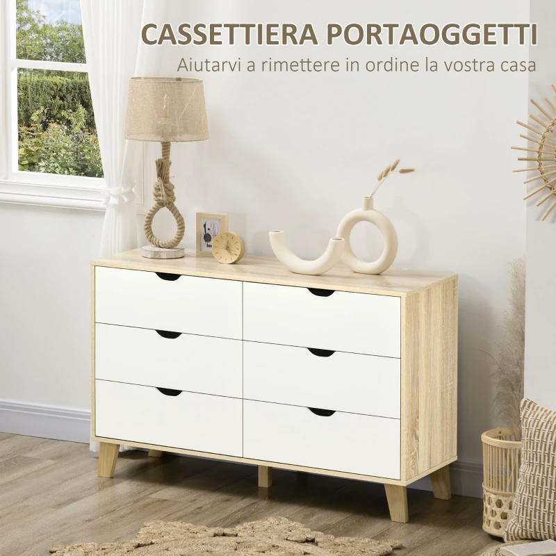 HOMCOM Cassettiera 6 Cassetti con Maniglie Intagliate in Legno, 120x40x76 cm, Bianco e Rovere