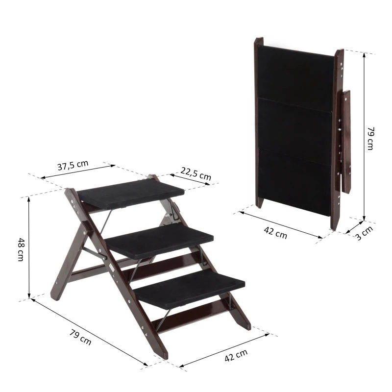 PawHut Escalier pour chien animaux pliable rampe 3 marches dim. 79L x 42l x 48H cm bois pin revêtement marches velours chocolat