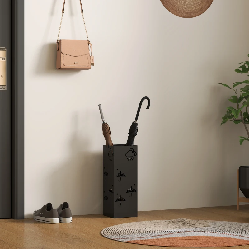HOMCOM Metal Umbrella Stand, Square Umbrella Holder with Removable Drip Tray and 4 Hooks, Decorative Umbrella Storage Rack for Hallway, Entryway, 15.5 x 15.5 x 41 cm, Black