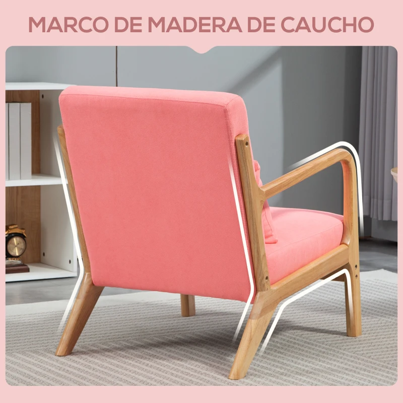 HOMCOM Butaca Nórdica Sillón de Salón Acolchado con Reposabrazos Cojín y Marco de Madera de Caucho 61x78x76 cm Rosa