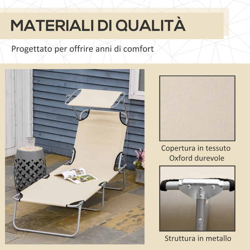 Outsunny Sdraio da Giardino Pieghevole con Tettuccio Regolabile e Schienale Reclinabile a 4 Livelli, Beige