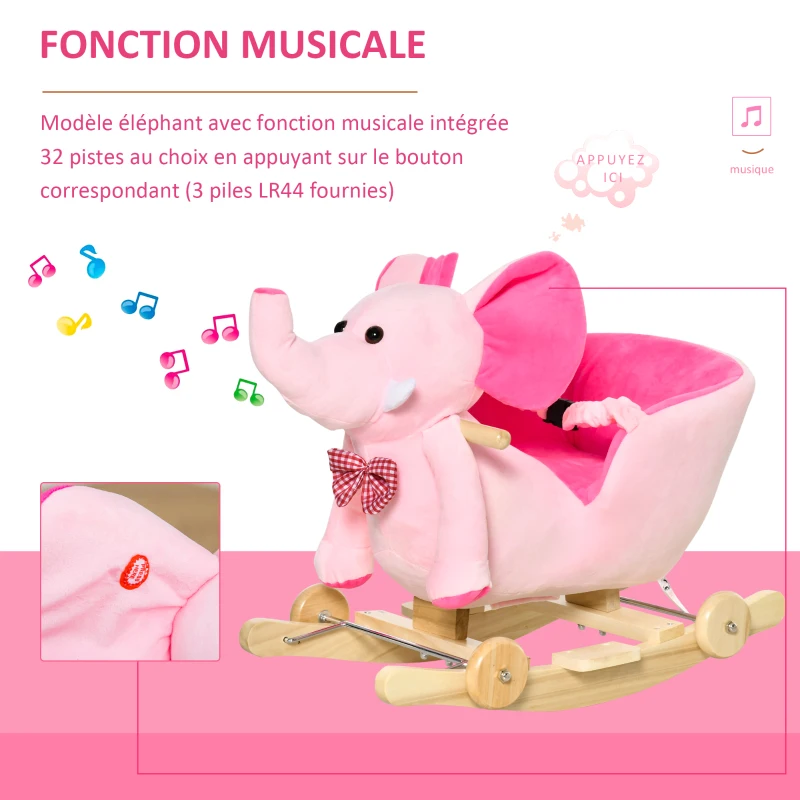 HOMCOM Cheval à Bascule Jouet à Bascule éléphant et Porteur sur roulettes 2 en 1 Fonction Musicale 32 Pistes Ceinture sécurité Rose