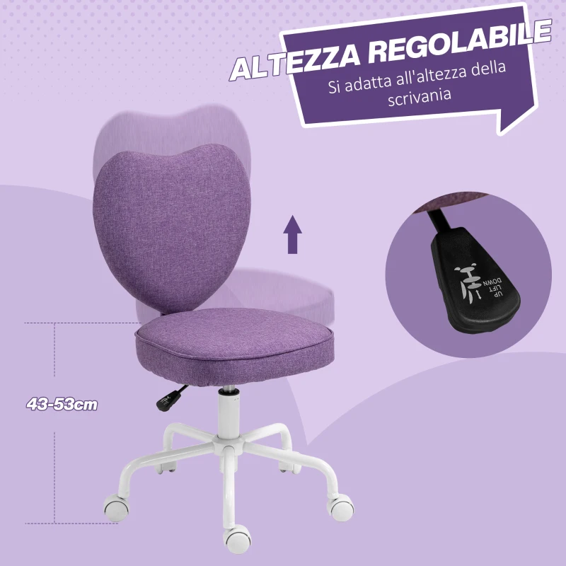 HOMCOM Sedia per Scrivania a Cuore con 5 Rotelle e Altezza Regolabile in Tessuto, 40x50x79-89cm, Viola