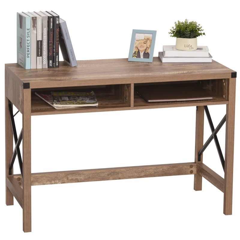 HOMCOM Bureau Design Industriel Grand Plateau 2 niches métal Noir Panneaux Particules Imitation Bois veinage Marron