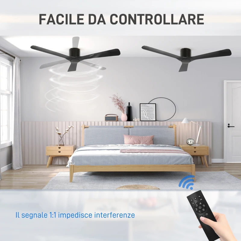 HOMCOM Ventilatore da Soffitto Reversibile a 3 Pale con 6 Velocità, Timer fino 8 Ore e Telecomando, Nero
