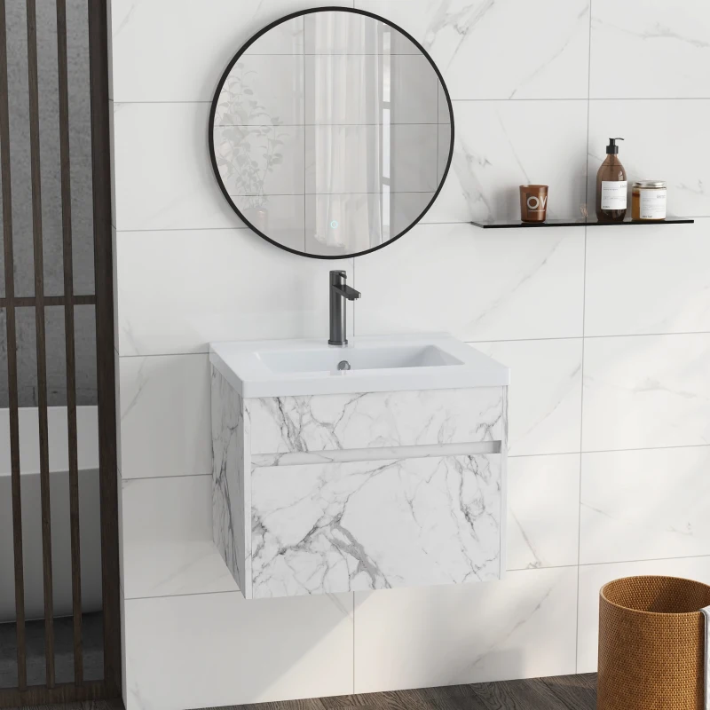 kleankin Meuble sous lavabo suspendu meuble de salle de bain avec bassin et tiroir design moderne 60 x 45,5 x 45 cm blanc