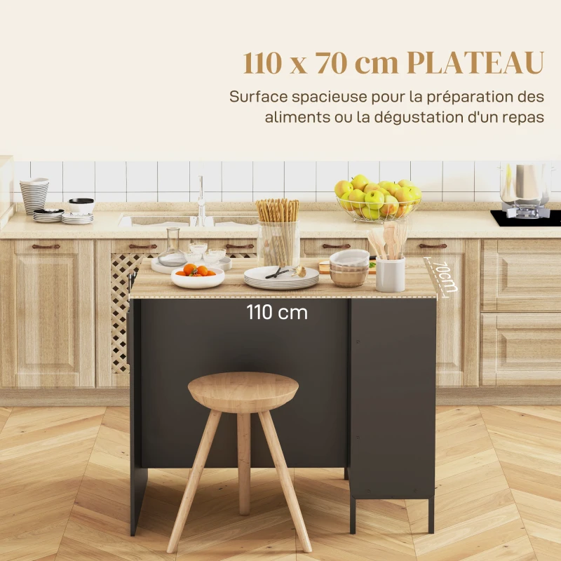 HOMCOM Desserte îlot de cuisine avec 2 étagères ouvertes 1 placard portes coulissantes porte couteaux 114,5 x 70 x 90 cm noir