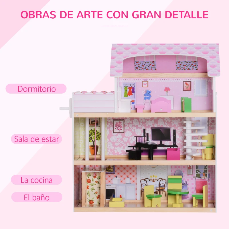 HOMCOM Casa de Muñecas con 13pcs 60x30x71,5 cm Muebles Mobiliario Casita Muñeca Juguete Madera 3 Pisos Casa de Juguete Bella de Madera Rosa