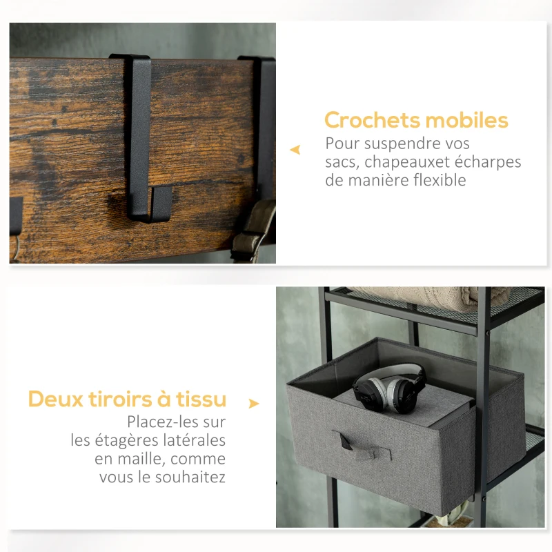 HOMCOM Portemanteau meuble de rangement entrée, 6 étagères 4 crochets 2 tiroirs en tissu, 125 x 43 x 185,5 cm, en acier et bois