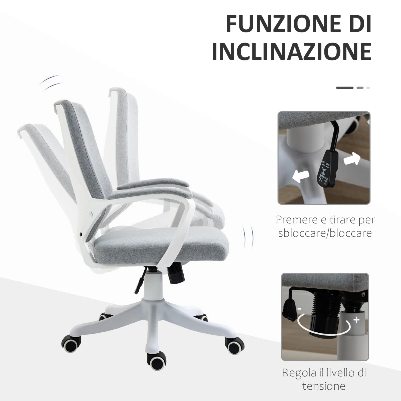 Vinsetto Sedia da Ufficio Ergonomica con Altezza Regolabile, Sedia Scrivania Imbottita Girevole 360° e Funzione Dondolo, in Tessuto effetto Lino Traspirante, per Studio, Grigio