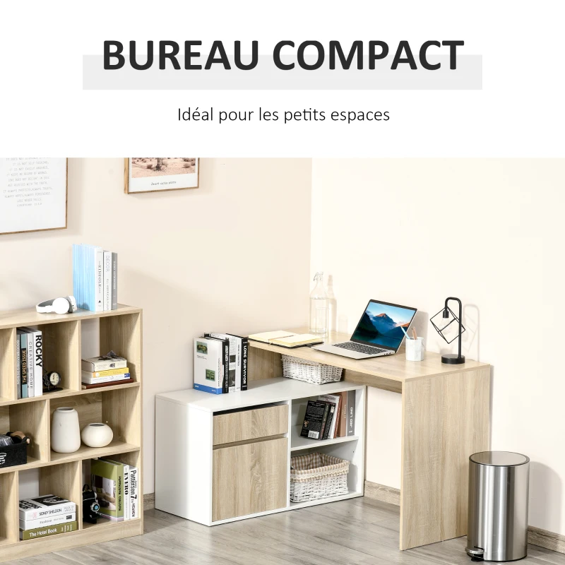 HOMCOM Bureau d'angle Bureau Informatique multimédia Multi-Rangement Panneaux Particules Aspect chêne Clair Blanc