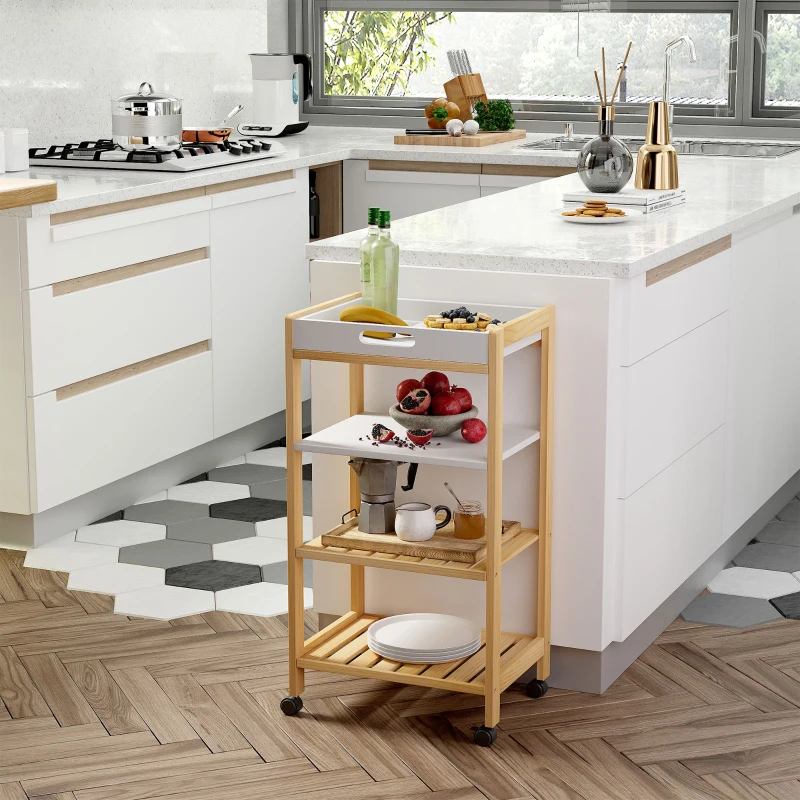 HOMCOM Carrello da Cucina a 4 Livelli in MDF e Legno di Pino con 4 Ruote Girevoli, 40x30x76 cm, Bianco e Marrone