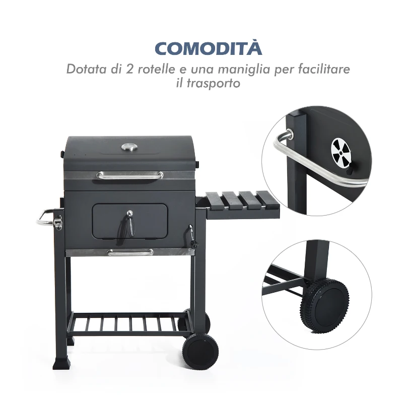 Griglia Barbecue 2 Griglie di Cottura 4 Palette Laterali 1 Cassetta Regolabile in Altezza 4 Comodi Gancini 2 Rotelle e 1 Maniglia Acciaio Inox e Ferro Grigio Certificato GS 115×56×108cm