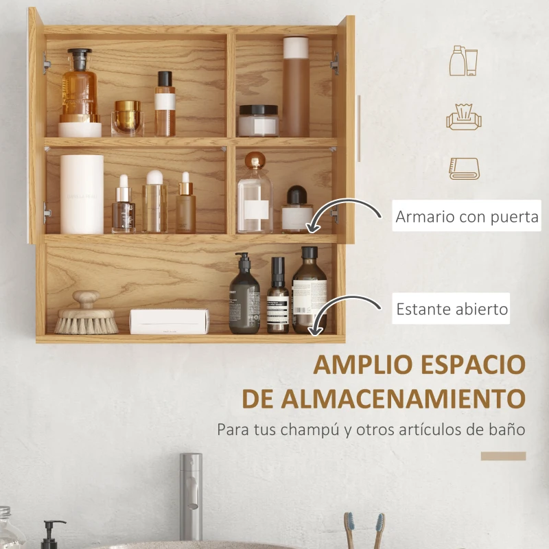 kleankin Armario de Baño con Espejo Mueble Colgante de Aseo con 2 Puertas y 2 Estantes Ajustables Interiores 54x15,2x55,3 cm Natural