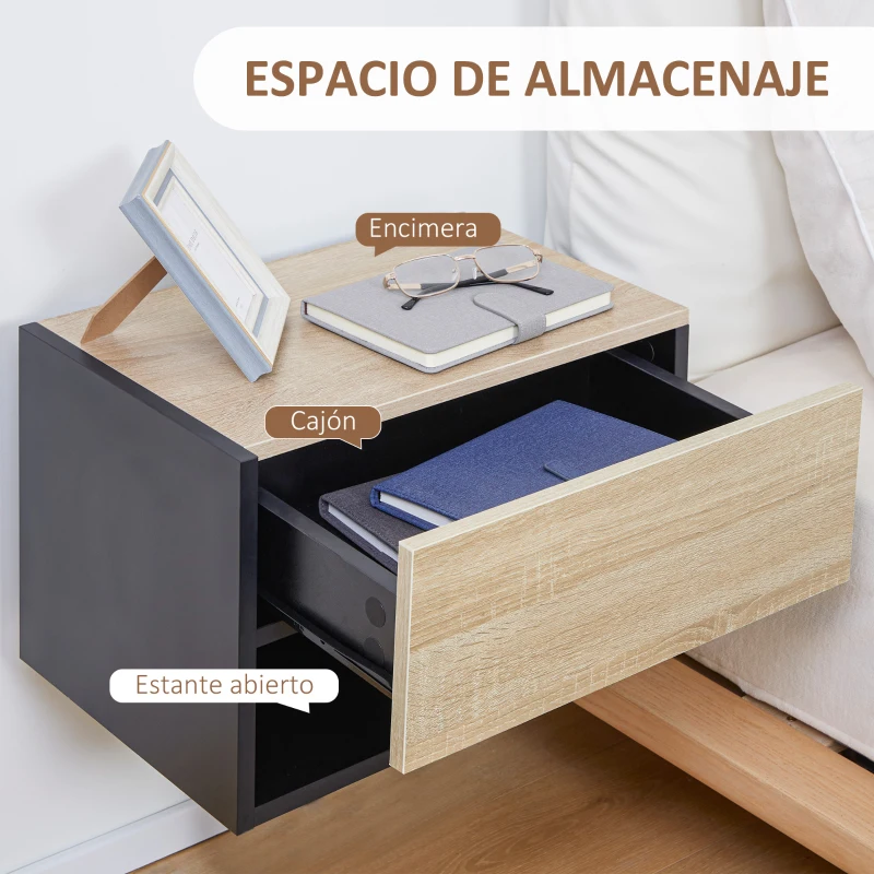 HOMCOM Juego de 2 Mesitas de Noche Flotantes Mesitas de Noche Colgantes con 1 Cajón y Estante Abierto 46x30x30cm Roble y Negro