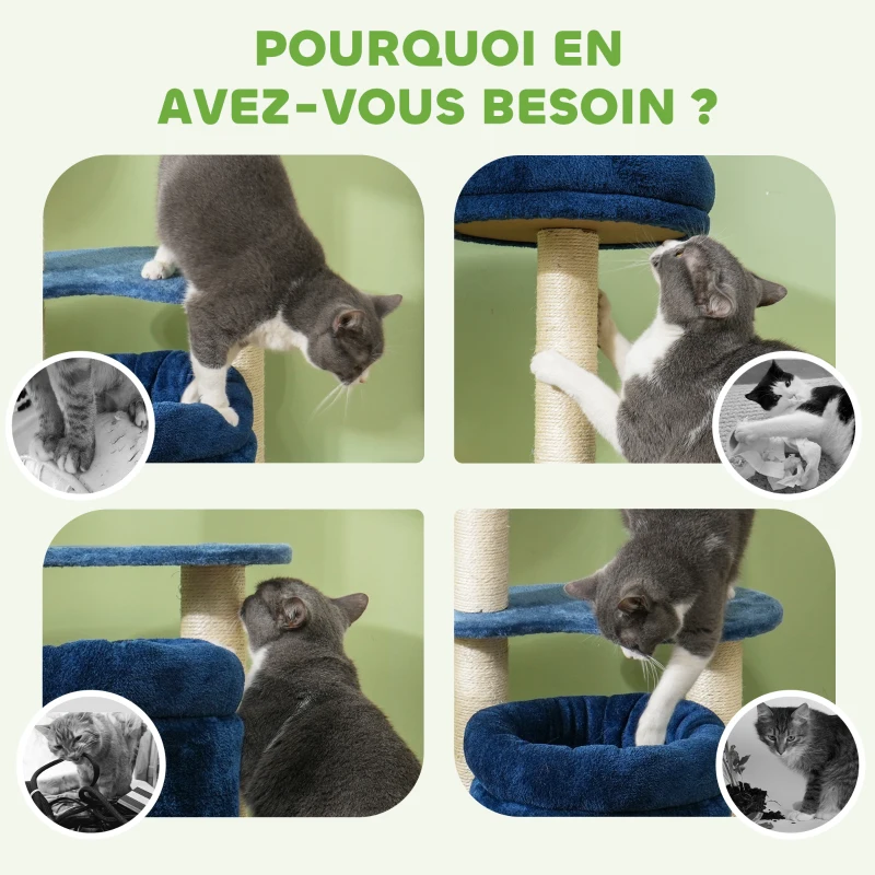 PawHut Arbre à chat, arbre à grimper pour chat, avec poteaux à griffer en sisal naturel, hauteur de 85 cm, bleu foncé, crème