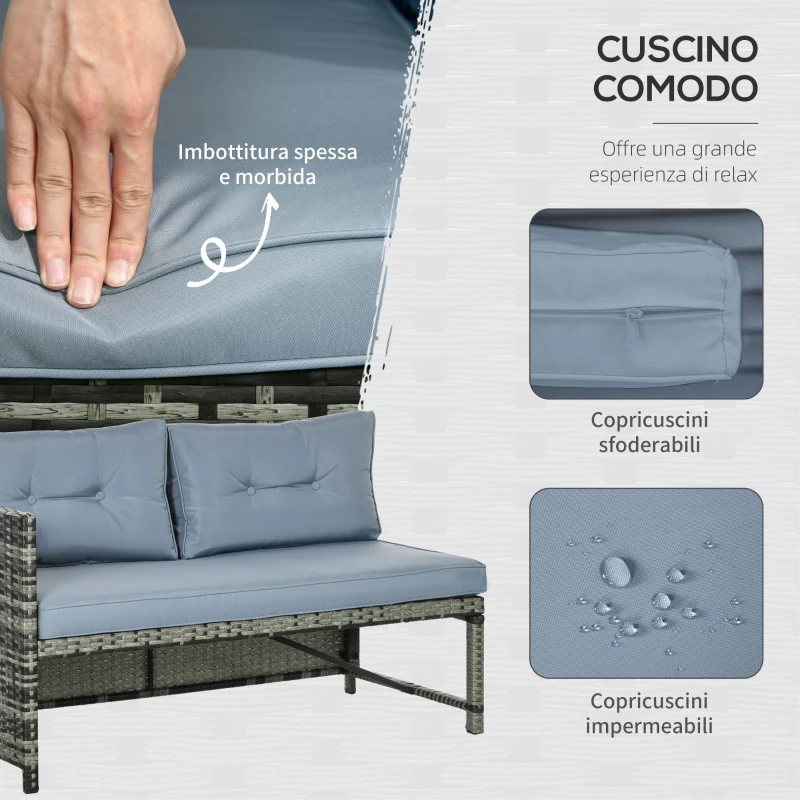 Outsunny Salotto da Giardino con Divanetto, Chaise Longue e Tavolino in Rattan PE con Cuscini, Grigio