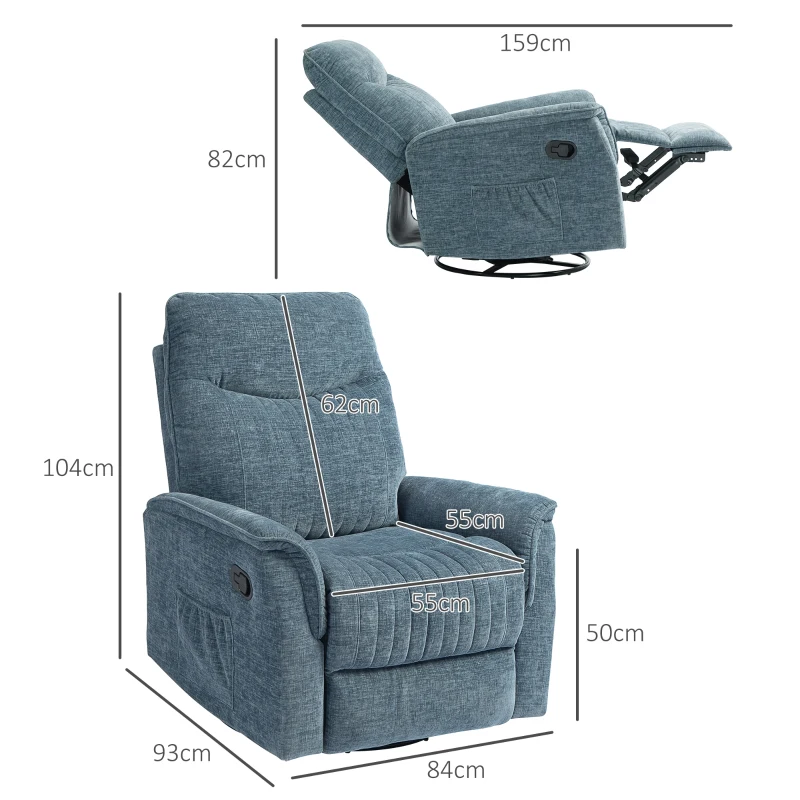 HOMCOM Fauteuil inclinable manuel pivotant avec repose-pieds rétractable, dossier réglable, bleu