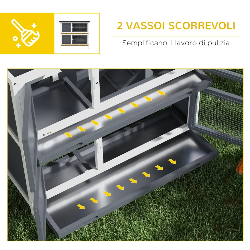 PawHut Conigliera a 2 Livelli in Lego di Abete e Bitume con Rampa, 2 Vassoi Estraibili 4 Porte, 97x44x91 cm, Grigio