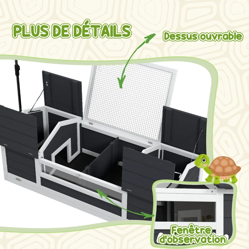 PawHut Maison tortue terrestre extérieure enclos tortue 2 niches support de lampe réglable bois massif 120 x 56,5 x 43 cm gris