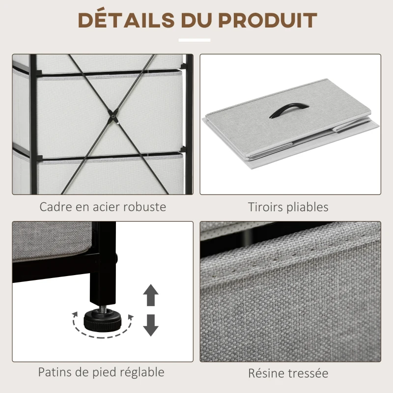 HOMCOM Commode 5 tiroirs meuble de rangement tiroir en tissu pliant - structure acier noir - 45 x 30 x 116 cm gris