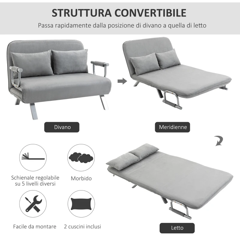 HOMCOM Divano Letto Singolo in Finta Pelle con Seduta Regolabile in 5 Posizioni, 105x80x78 cm, Grigio Chiaro