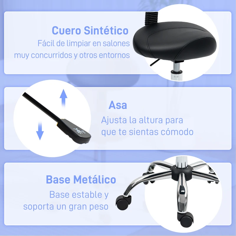 HOMCOM Taburete Giratorio con Respaldo y Ruedas Silla Ajustable para Salones de Belleza Estudio de Tatuajes 50x50x83-98cm Negro