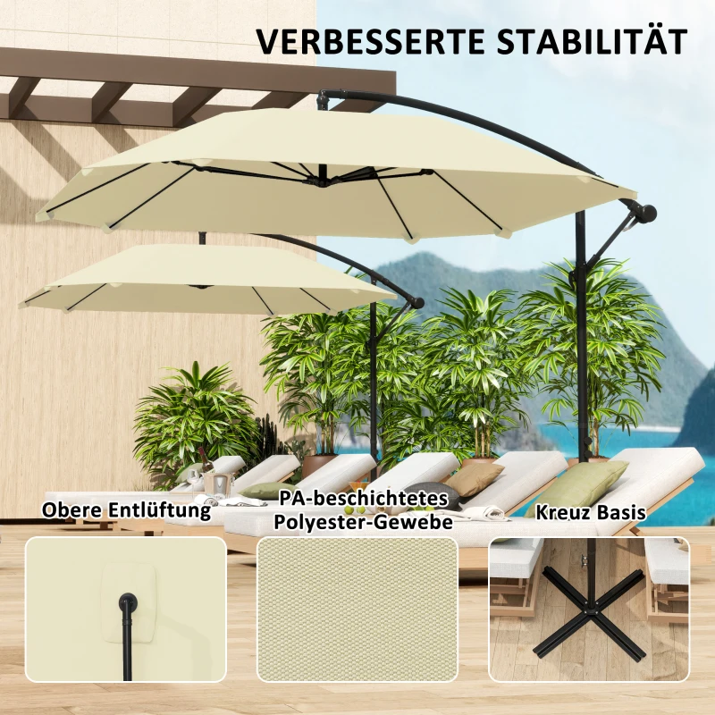 Outsunny Cantilever Parasol Alu Ø 260 cm, Waterdichte Slingerparasol met Standaard, Kruk, Beige