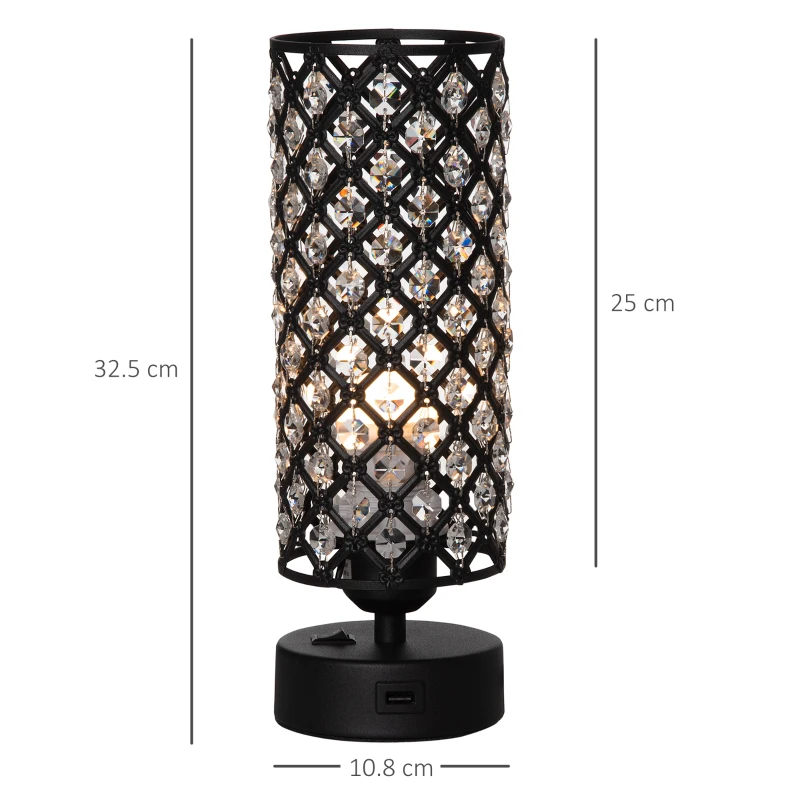 HOMCOM Lampada da Tavolo con Paralume in Cristallo e 2 Porte USB, Luce Regolabile Ф10.8x30cm, Nero