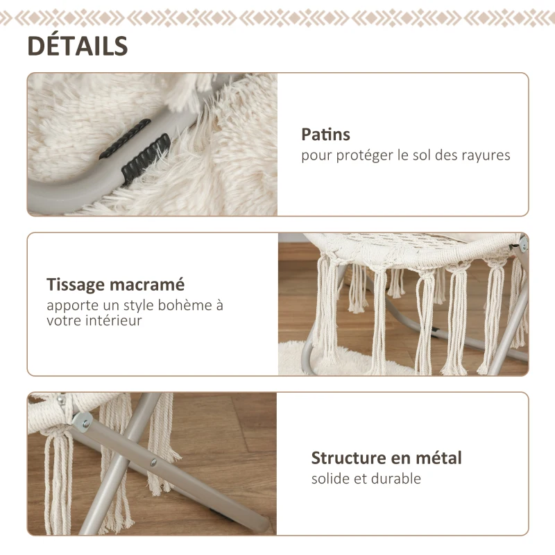 Outsunny Loveuse fauteuil rond de jardin fauteuil lune papasan pliable grand confort macramé coton polyester beige