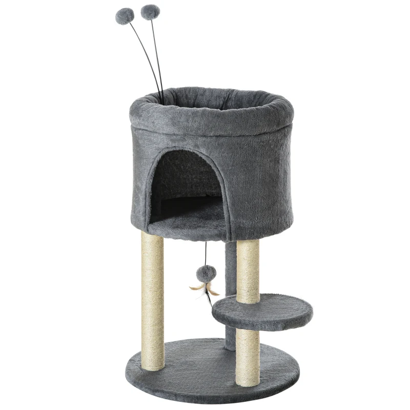 PawHut Albero Tiragraffi per Gatti con Casetta e Lettino, Pali in Sisal e Palline, 44.5x44.5x73.5cm, Grigio