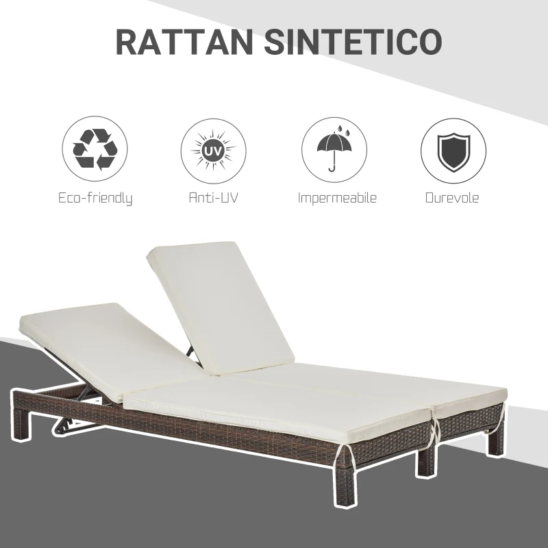 Outsunny Lettino Prendisole a 2 Posti, Sdraio in Acciaio e Rattan, Schienale Regolabile, 196 x 120 x 28cm Marrone e Bianco Crema