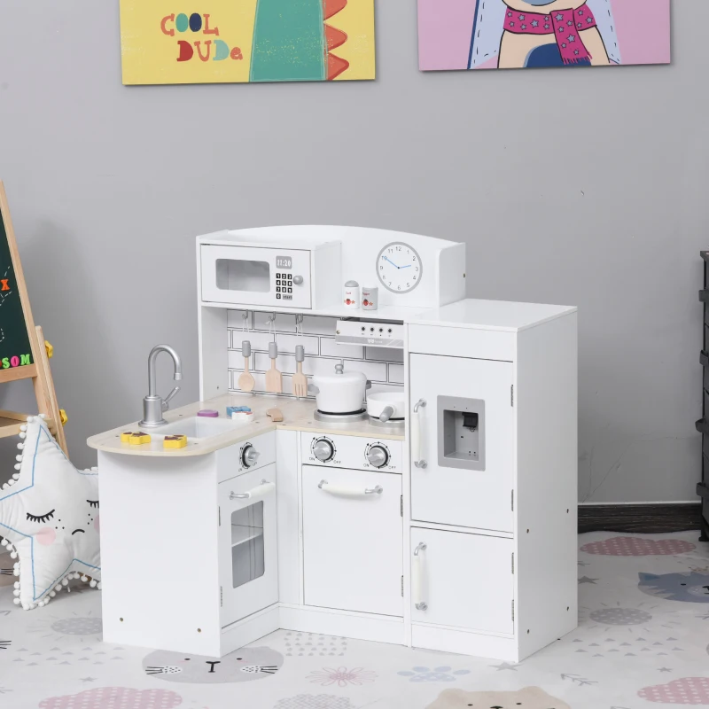 HOMCOM Cuisine Bois Jeu d'imitation - Cuisine Enfant 3+ Ans - Nombreux Accessoires & rangements Inclus - micro-ondes, hotte, évier avec robinet - MDF pin Blanc
