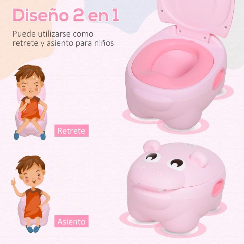 HOMCOM Orinal Infantil con Forma de Hipopótamo con Asas para Niños a partir de 6 Meses Inodoro de Aprendizaje 40x30x23 cm Rosa
